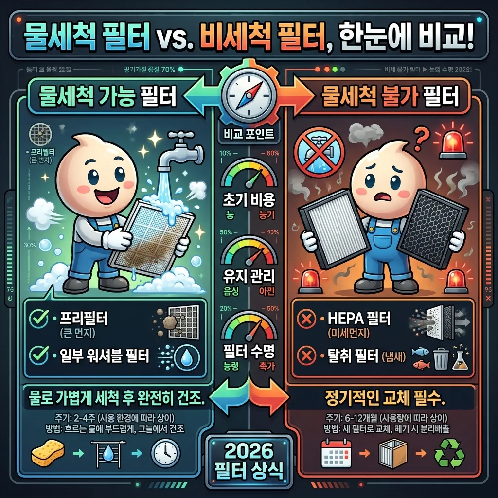 2026년 공기청정기 필터 중 물 세척이 가능한 필터와 불가능한 필터를 명확하게 비교하는 인포그래픽 포스터. '물 세척 가능 필터 vs 불가능 필터, 한눈에 비교!'라는 한글 헤더 아래 프리필터, 헤파필터, 탈취필터 등 주요 필터 종류별 세척 가능 여부와 관리 방법이 친근한 캐릭터와 아이콘으로 시각화되어 있어 사용자가 쉽게 이해할 수 있다.