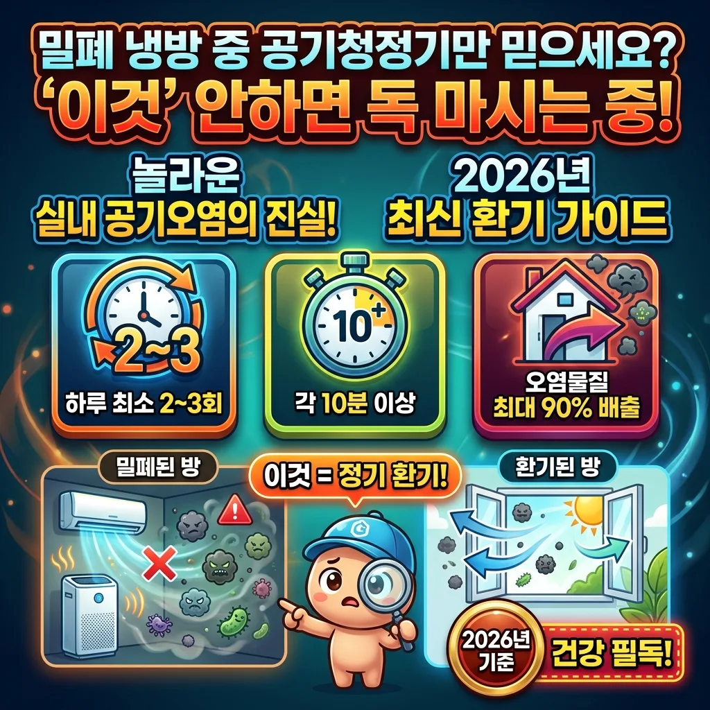 밀폐 냉방 중 공기청정기만 믿으면 실내 공기가 오히려 독이 될 수 있다는 충격적인 경고를 담은 인포그래픽. 하루 최소 2~3회, 각 10분 이상 환기의 중요성과 오염물질 배출 효과를 강조하며, 2026년 최신 환기 가이드를 소개하는 건강 정보 포스터.