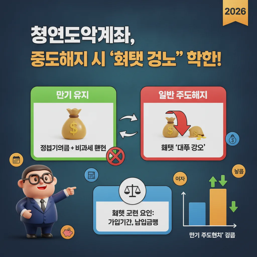 청년도약계좌의 만기 유지 시 혜택과 중도해지 시 혜택 감소를 비교하는 인포그래픽. 정부기여금과 비과세 혜택의 중요성을 강조하고 혜택 결정 요인을 설명합니다.