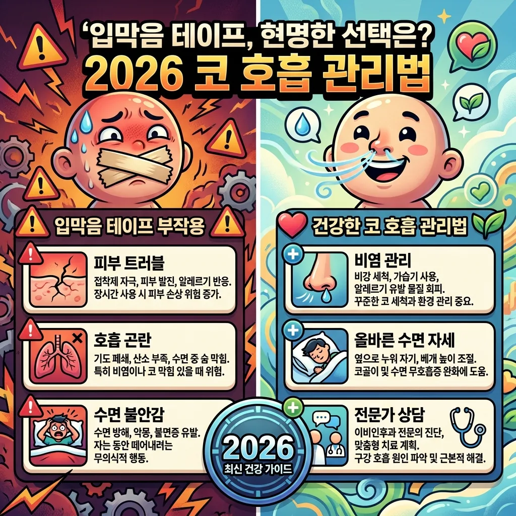 입막음 테이프 사용 시 발생할 수 있는 부작용과 건강한 코 호흡을 위한 3가지 핵심 관리법을 비교 설명하는 2026년 최신 인포그래픽 포스터입니다. 피부 트러블, 호흡 곤란 등 부작용과 비염 관리, 올바른 수면 자세, 전문가 상담을 통한 해결책을 제시합니다.