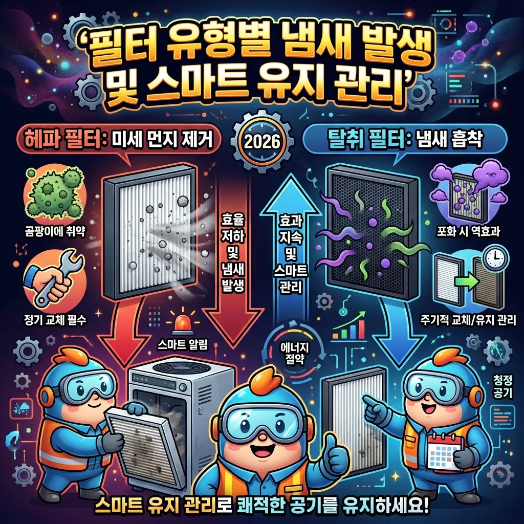 공기청정기 필터 종류별 냄새 발생 가능성과 올바른 관리법을 비교하는 상세 인포그래픽. 헤파 필터와 탈취 필터의 특징, 취약점, 그리고 필수 관리법이 아이콘과 함께 명확하게 제시되어 있다. 2026년 최신 관리법을 강조한다.