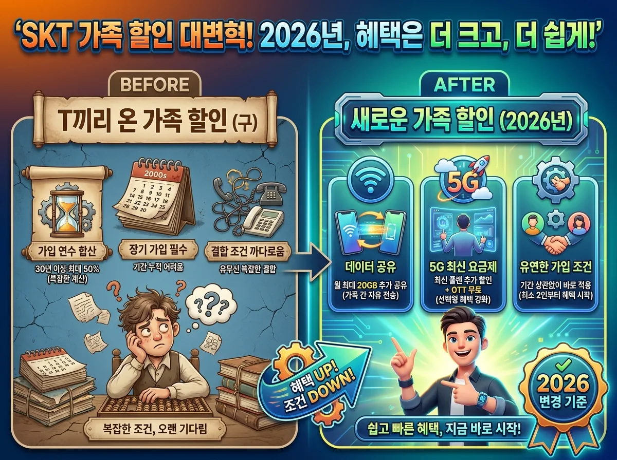 2026년 SKT 가족 할인 중 '온가족 플랜'과 '요즘가족 결합' 중 우리 가족에게 맞는 플랜을 선택하는 방법을 안내하는 정보성 포스터 이미지입니다. 데이터 사용량과 5G 요금제 이용 여부에 따라 어떤 플랜이 유리한지 시각적으로 명확하게 비교하고, 각 플랜의 핵심 혜택을 아이콘과 함께 보여주어 선택에 도움을 줍니다.