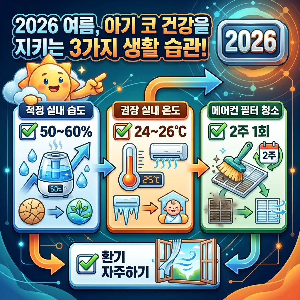 아기 에어컨 비염 예방을 위한 핵심 생활 습관 체크리스트 인포그래픽. 적정 습도, 온도 유지, 에어컨 필터 청소 주기 등 건강한 여름 나기 팁을 안내합니다.