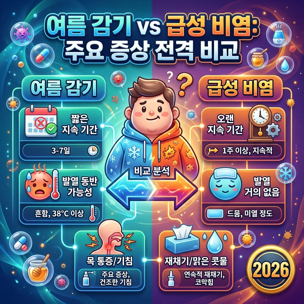 여름 감기와 급성 비염의 주요 증상을 한눈에 비교하여 차이점을 명확히 보여주는 2026년 인포그래픽 포스터입니다. 증상별 아이콘과 설명이 특징입니다.