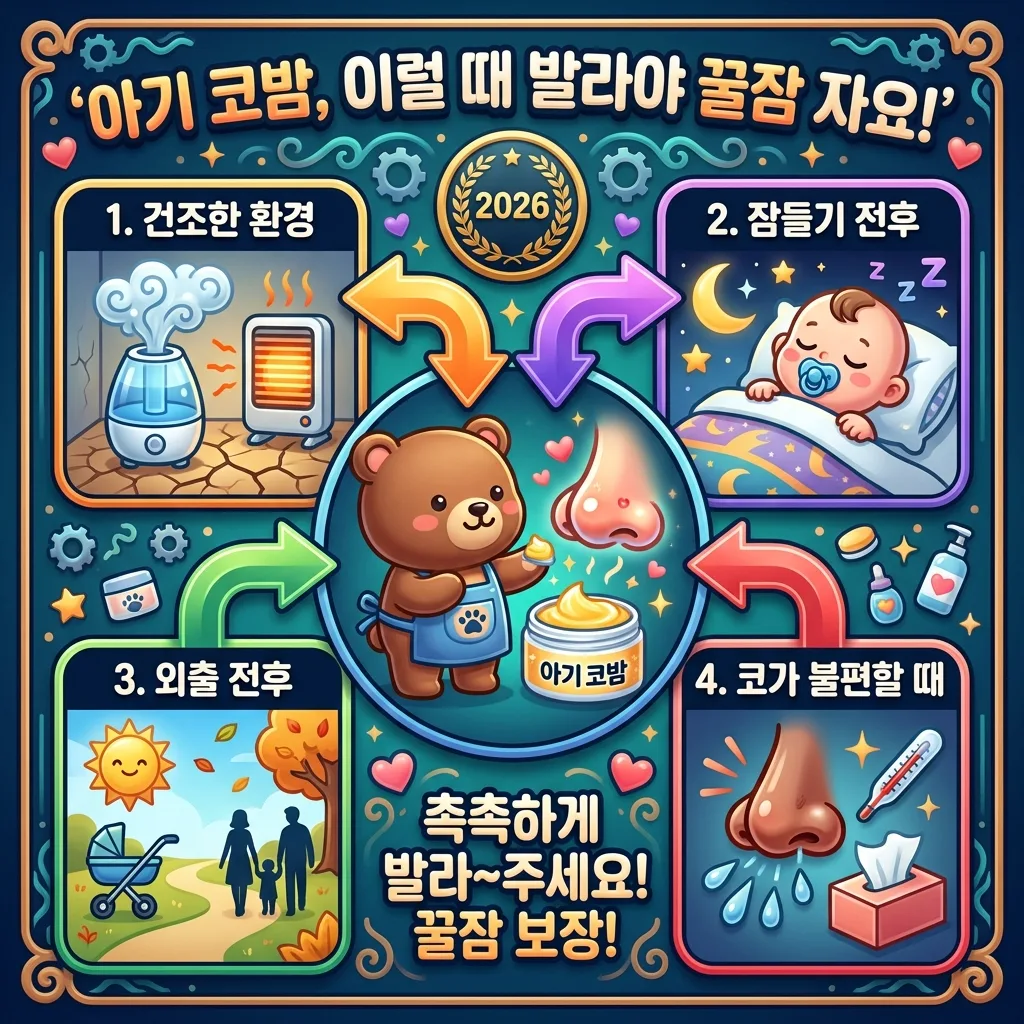 아기 코밤을 언제 바르면 가장 효과적인지 상황별 타이밍을 안내하는 인포그래픽. 건조한 실내, 취침 전후, 외출 전후, 코 자극 시 등 주요 상황을 시각화했습니다.
