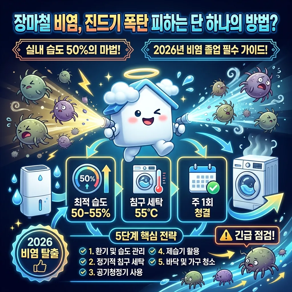 2026년 장마철 집먼지진드기 비염 예방을 위한 핵심 전략 인포그래픽. 실내 습도 50-55% 유지, 침구 고온 세탁 등 5단계 관리법을 친근한 캐릭터와 다양한 정보 카드, 아이콘으로 시각화했습니다.