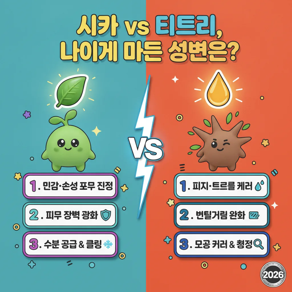 시카와 티트리 성분의 특징과 효능을 비교하여, 여름철 개인의 피부 고민(민감/손상 vs 피지/트러블)에 따라 어떤 성분 팩을 선택해야 할지 명확하게 제시하는 인포그래픽입니다.