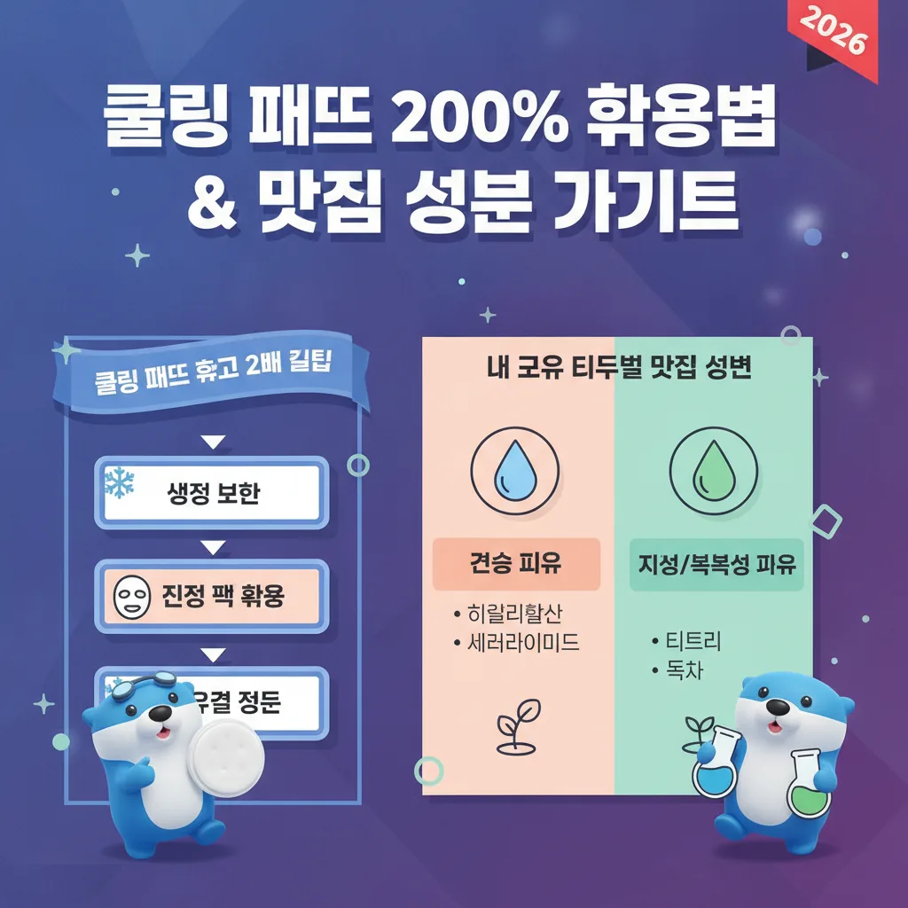 2026년 여름, 쿨링 패드를 200% 활용하는 꿀팁(냉장 보관, 진정 팩 활용 등)과 더불어 건성, 지성, 복합성 등 각 피부 타입에 맞는 최적의 쿨링 패드 성분을 안내하는 인포그래픽. 시각적인 비교와 체크리스트로 정보를 한눈에 파악할 수 있도록 구성했습니다.