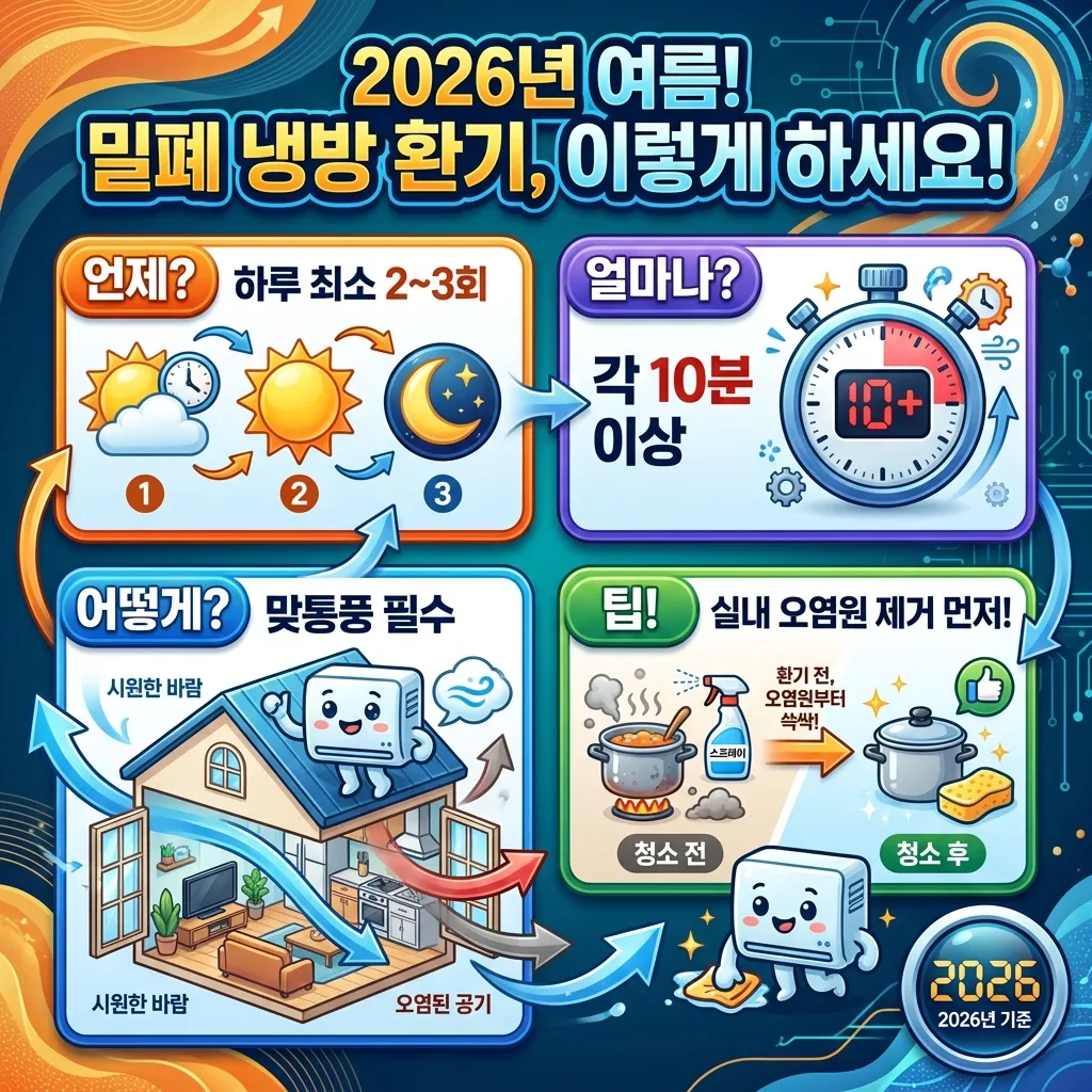 밀폐 냉방 중 건강한 실내 공기를 위한 하루 필수 환기 횟수와 시간을 2026년 최신 가이드에 맞춰 시각화한 인포그래픽. 하루 2~3회, 각 10분 이상 맞통풍 환기 방법과 오염원 제거 팁을 포함하여 여름철 현명한 환기 습관을 안내하는 포스터.