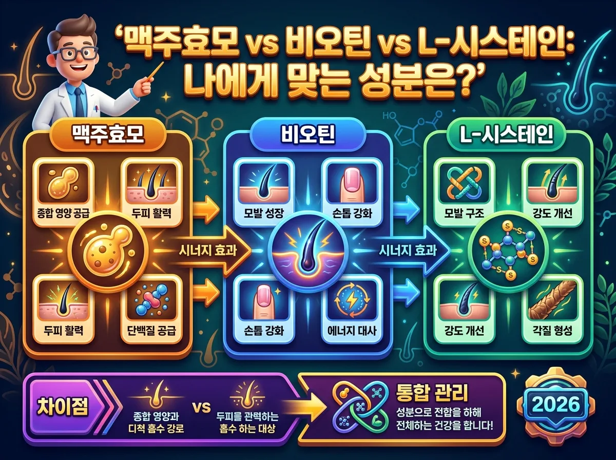 맥주효모, 비오틴, L-시스테인 세 가지 주요 탈모 영양 성분의 효능과 역할을 비교하여 개인에게 맞는 성분을 선택하도록 돕는 인포그래픽.
