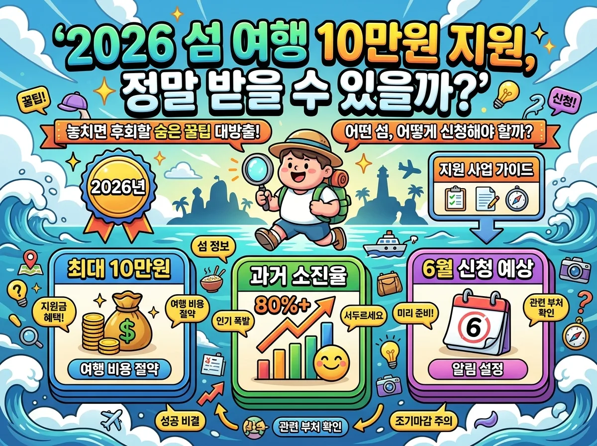 숨겨진 섬 여행 지원금을 찾는 3가지 단계를 안내하는 인포그래픽 포스터. '숨은 꿀팁! 섬 여행 지원금 찾는 3단계'라는 한글 제목 아래, 지자체 공고 확인, 유사 사업 벤치마킹, 조기 마감 주의가 각각 아이콘과 설명과 함께 시각화되어 있다. 친근한 캐릭터와 '2026년' 배지가 포함된 정보가 풍부한 이미지.