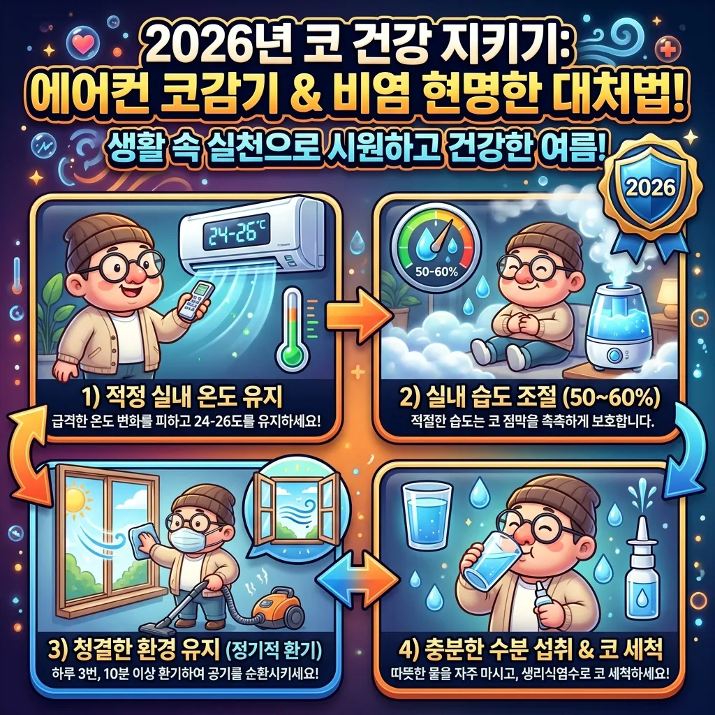 2026년 여름, 에어컨 코감기와 비염을 예방하고 관리하기 위한 현명한 생활 습관을 보여주는 꽉 찬 인포그래픽 포스터. 적정 온도, 습도, 청결 유지, 수분 섭취 등의 팁을 시각적으로 설명합니다.