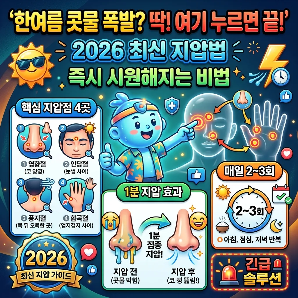 2026년 최신 지압법으로 한여름 콧물과 코막힘을 즉시 해결하는 방법을 알려주는 인포그래픽 포스터. 주요 지압점 네 곳과 1분 지압 효과, 매일 관리 팁이 담겨 있습니다.