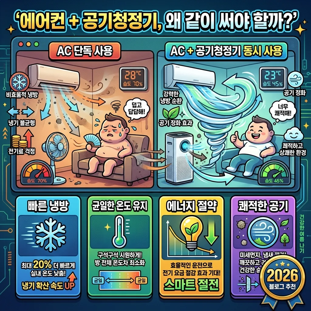 에어컨 단독 사용과 공기청정기 동시 사용의 냉방 효율을 비교하고, 동시 사용 시의 주요 장점(빠른 냉방, 균일한 온도, 에너지 절약, 쾌적한 공기)을 보여주는 2026년 인포그래픽.