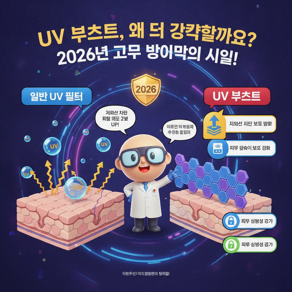 UV 부스터가 일반 UV 필터보다 어떻게 자외선 차단 효과를 획기적으로 강화하는지 시각적으로 비교 설명하는 인포그래픽입니다.