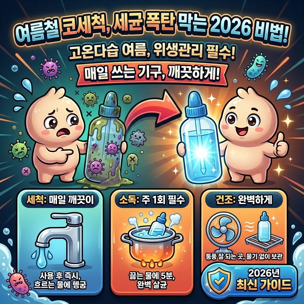 여름철 코세척 기구의 위생 관리 중요성을 강조하며, 세균 번식을 막기 위한 2026년 최신 꿀팁을 제시하는 인포그래픽 포스터. 오염된 기구와 깨끗한 기구를 비교하고, 매일 세척, 주 1회 소독, 완벽 건조의 3가지 핵심 관리법을 친근한 캐릭터와 함께 시각적으로 설명합니다.