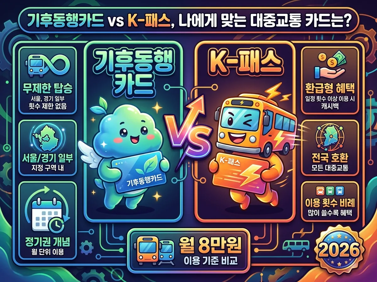 2026년 기후동행카드와 K-패스의 핵심 차이점을 비교한 인포그래픽. 무제한, 환급 혜택, 적용 지역 등 나에게 맞는 카드 선택을 돕는 정보 시각화.