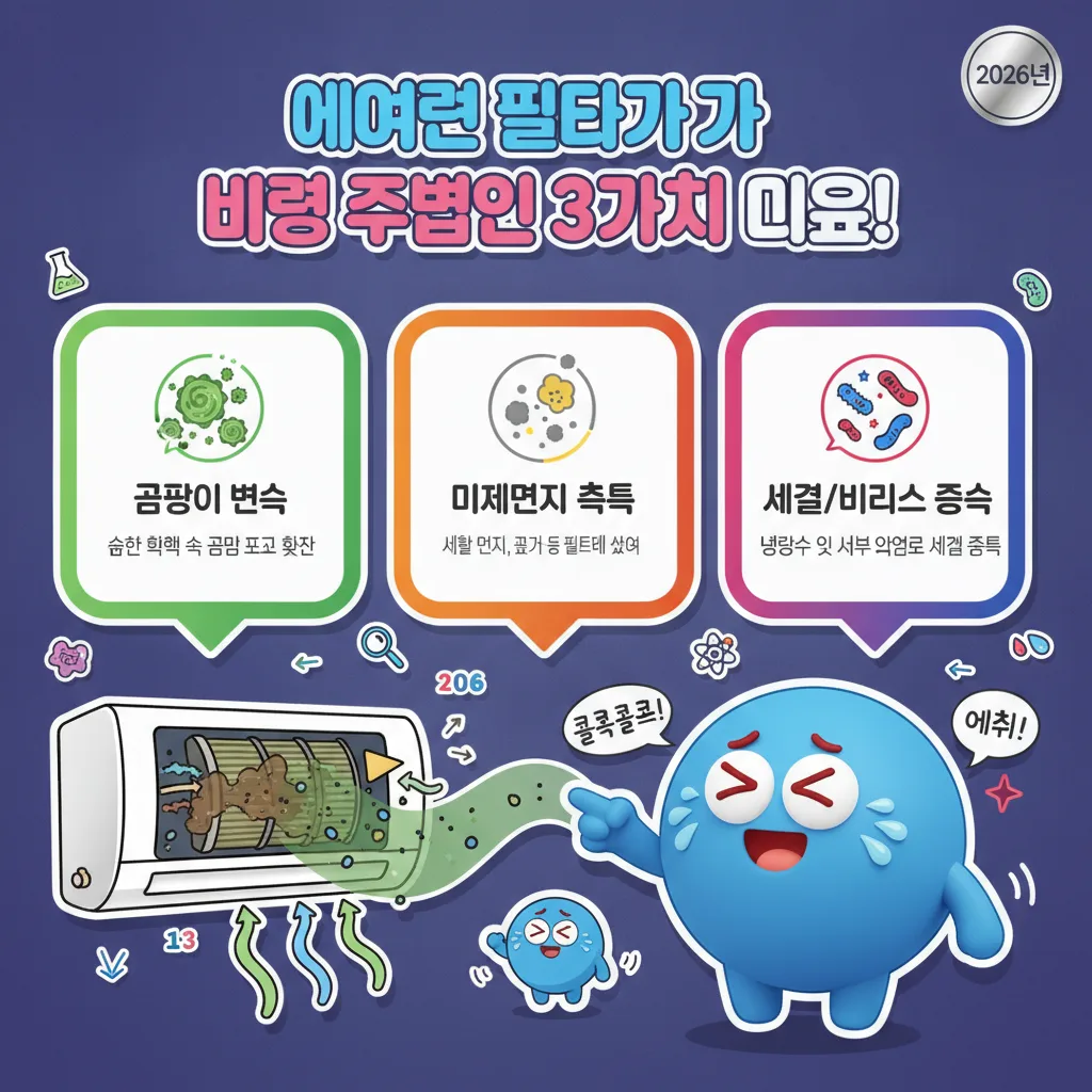 에어컨 필터에 번식하는 곰팡이, 미세먼지, 세균이 알레르기 비염을 유발하는 3가지 주요 원인을 명확한 아이콘과 함께 설명하는 정보성 인포그래픽 포스터.