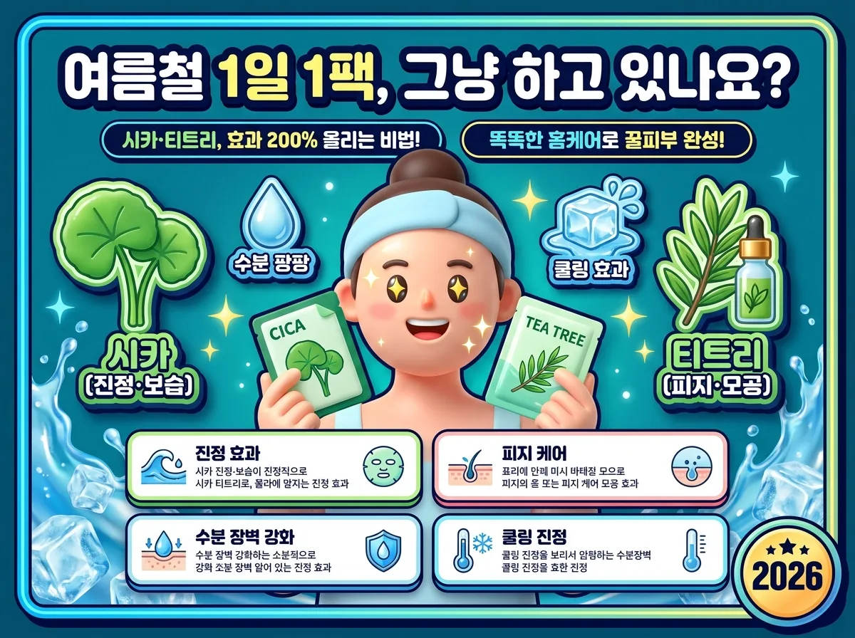 여름철 1일 1팩의 시카, 티트리 성분 팩 활용법을 인포그래픽 포스터로 시각화하여, 피부 진정 효과를 극대화하는 비법과 스마트한 홈케어 루틴을 알려줍니다.