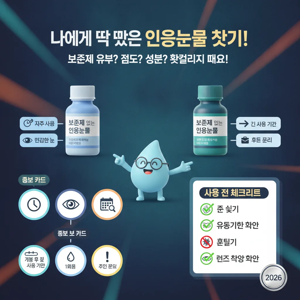 나에게 맞는 인공눈물을 선택하는 방법과 인공눈물 사용 전 필수 체크리스트를 비교 분석하는 인포그래픽. 보존제 유무와 점도에 따른 인공눈물의 특징을 설명하며, 3D 캐릭터가 가이드를 제시합니다.