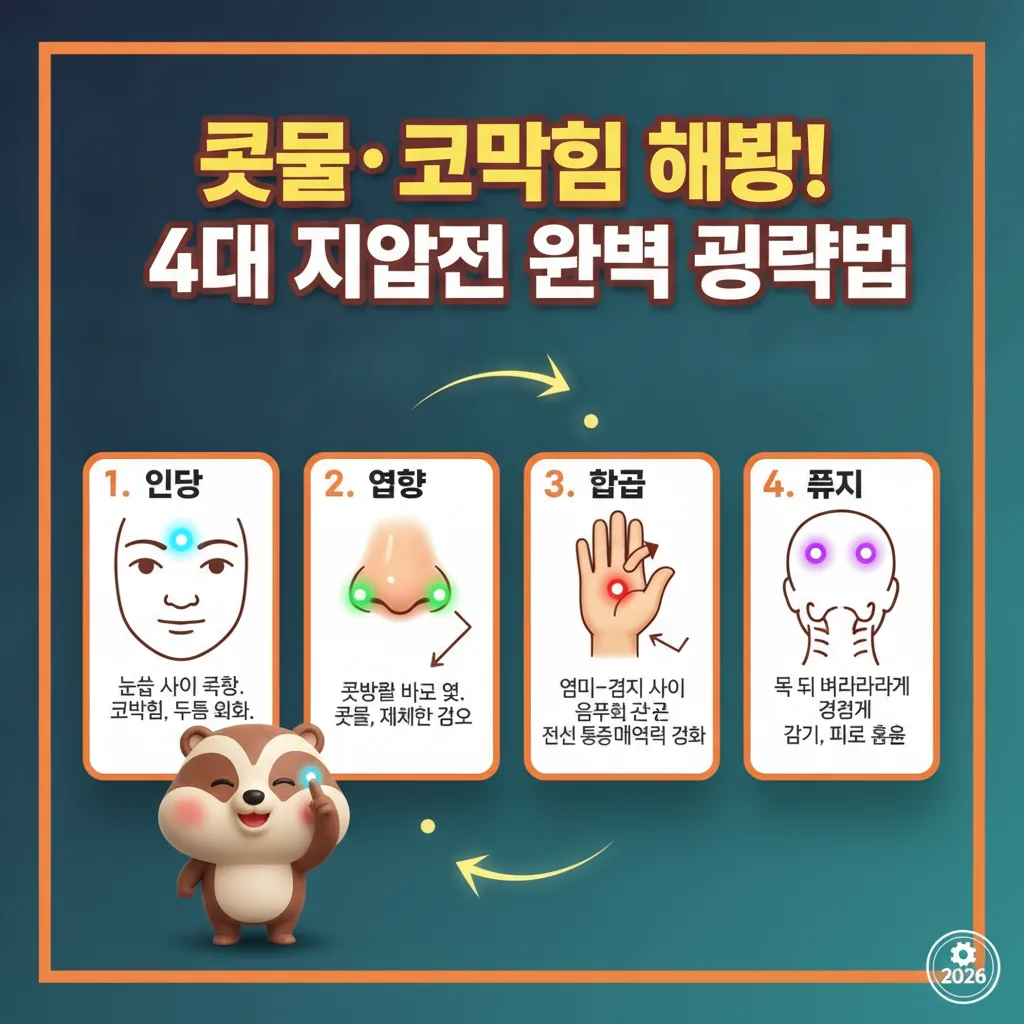 한여름 콧물과 코막힘 완화를 위한 핵심 지압점 4곳(인당, 영향, 합곡 등)의 위치와 정확히 찾는 방법, 각 지압점의 효능을 설명하는 상세 인포그래픽.