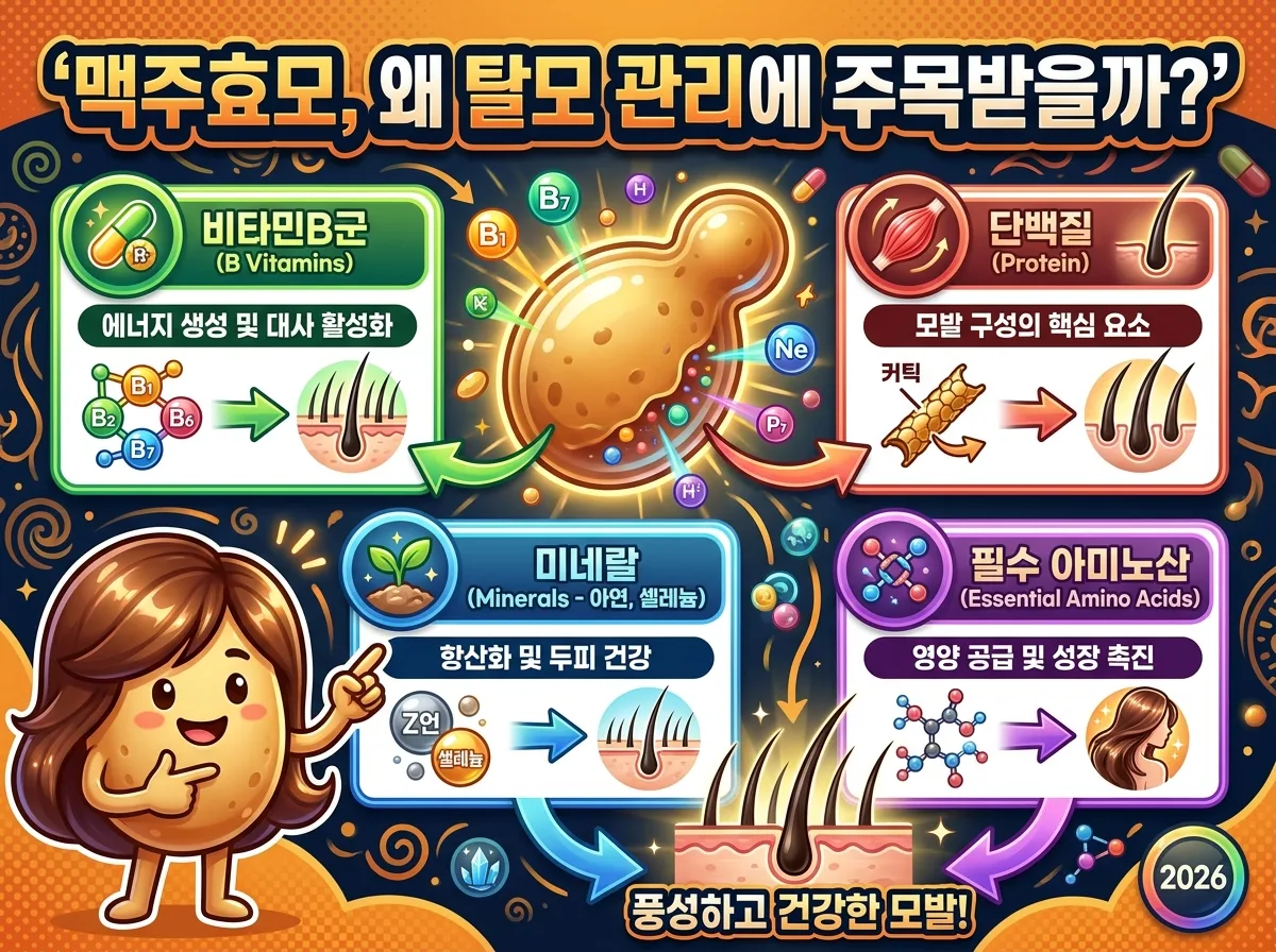 맥주효모 속 비타민B군, 단백질, 미네랄 등 핵심 영양소들이 탈모 관리에 어떻게 도움이 되는지 설명하는 정보성 인포그래픽.
