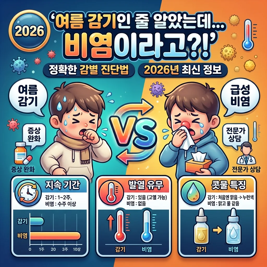 여름 감기와 급성 비염을 헷갈리지 않도록 2026년 최신 감별 진단법을 알려주는 정보 가득한 인포그래픽 포스터입니다. 귀여운 캐릭터와 주요 증상 비교 카드가 특징입니다.