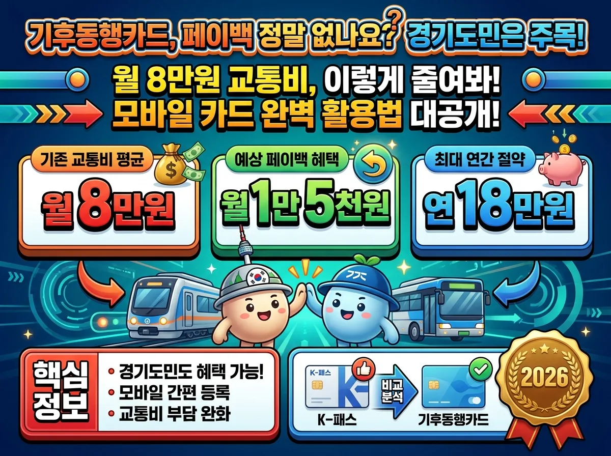 2026년 서울 기후동행카드 페이백과 경기도민 혜택, 모바일 사용법을 월 8만원 교통비 절약 관점에서 시각화한 정보 포스터.