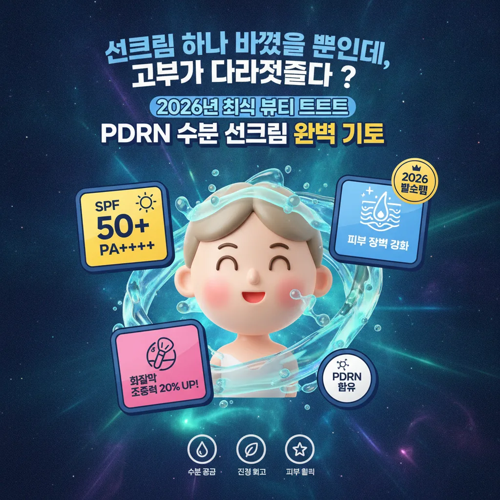 2026년 화잘먹 PDRN 수분 선크림의 핵심 효과와 레이어링 방법을 담은 인포그래픽 포스터. '선크림 하나 바꿨을 뿐인데, 피부가 달라졌다고?'라는 큰 질문 헤더와 함께 SPF 50+ PA++++, 피부 장벽 강화, 화잘먹 지속력 향상 정보를 보여주며, 친근한 캐릭터가 활짝 웃고 있다.