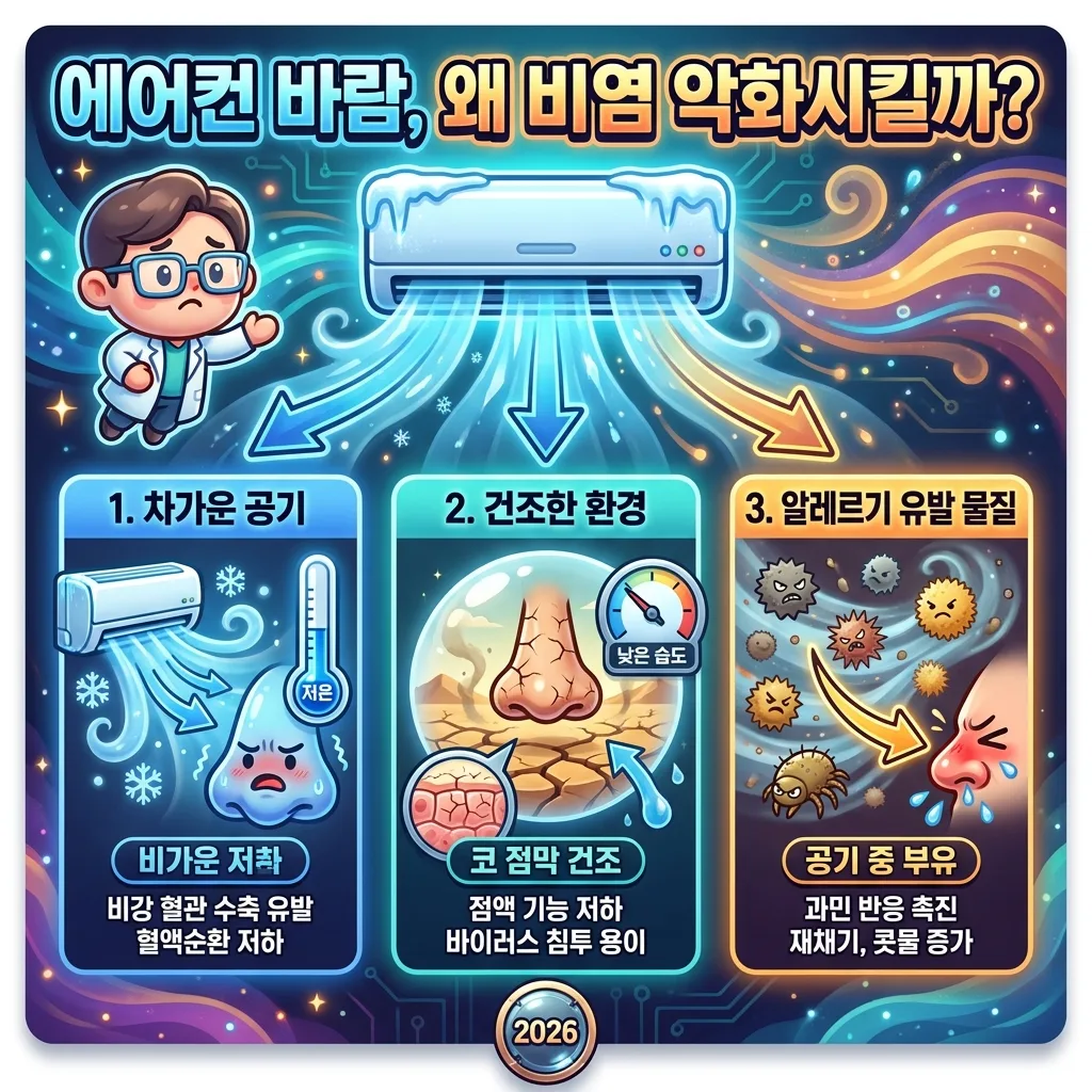 독서실 에어컨 바람이 코 점막 건조, 차가운 공기, 알레르기 유발 물질 순환을 통해 비염 증상을 악화시키는 과학적 원리를 설명하는 인포그래픽.