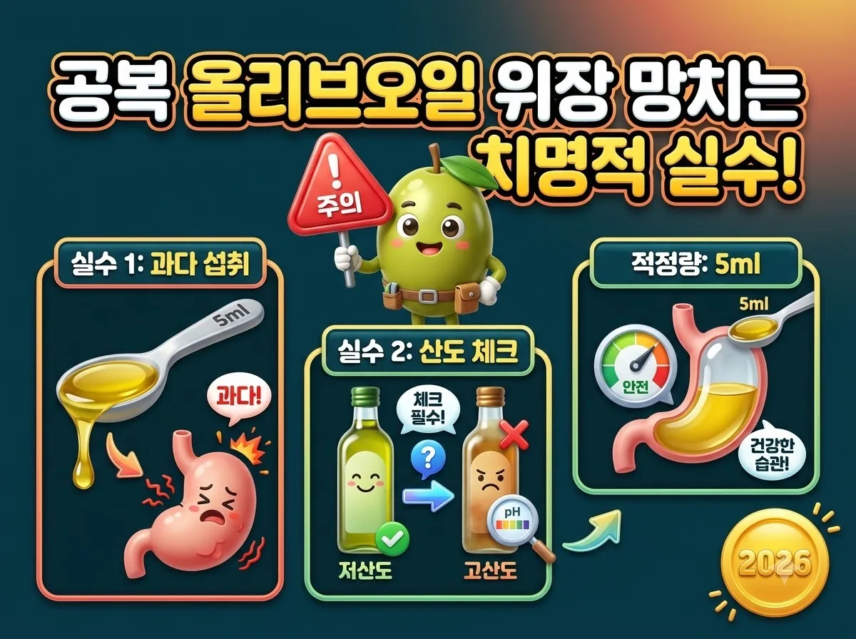 아침 공복 올리브오일 섭취 시 위장 망치는 치명적인 실수 3가지