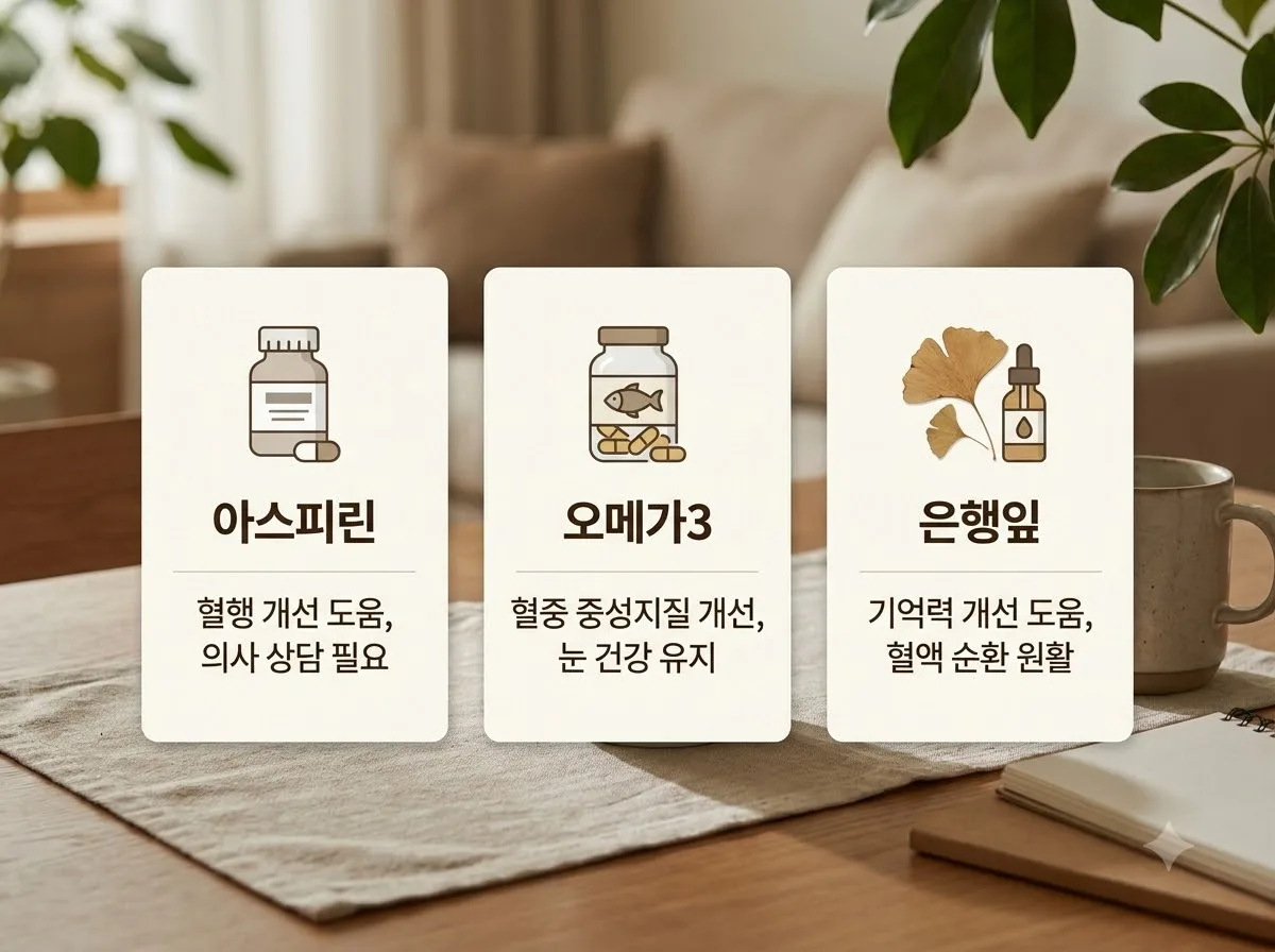 아스피린 복용자 오메가3 은행잎 영양제 병용 시 출혈 부작용 3가지 주의점 (2026)