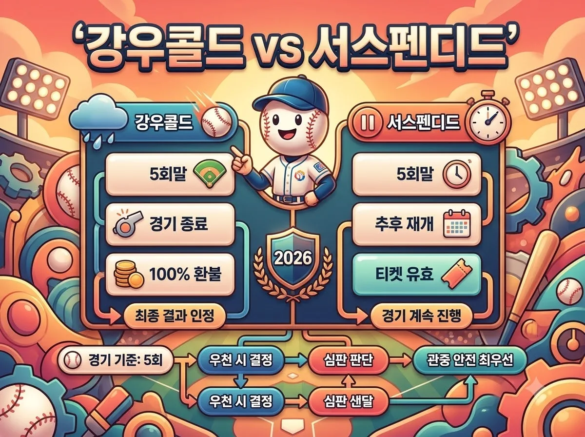프로야구 콜드게임 규정 강우 콜드와 서스펜디드 게임 차이 3가지 (2026)