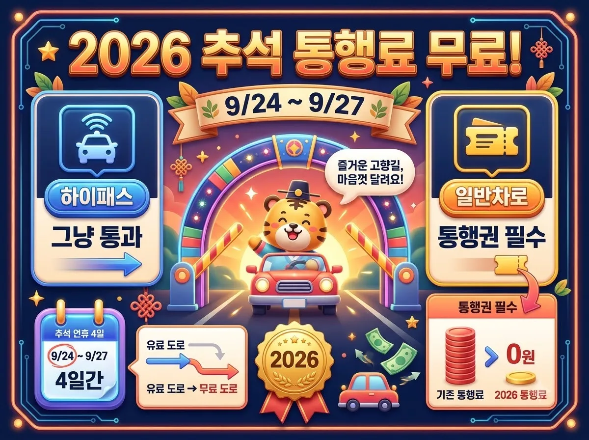 2026 추석 고속도로 통행료 면제 날짜와 주의할 예외 조건