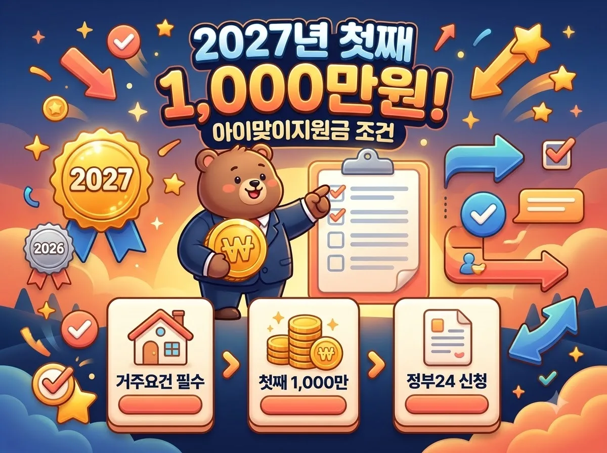 2027년 출산지원금 아이맞이지원금 첫째 1000만원 조건은?