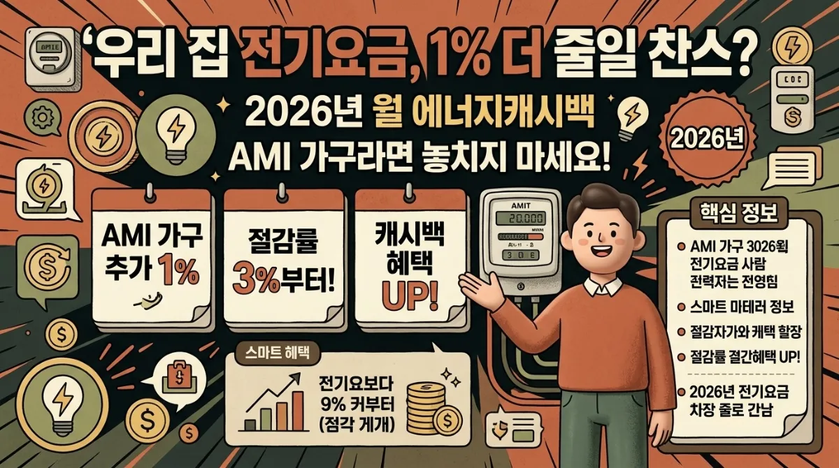 2026년 월 에너지캐시백: AMI 가구 1% 추가 혜택, 우리 집도 받을까?