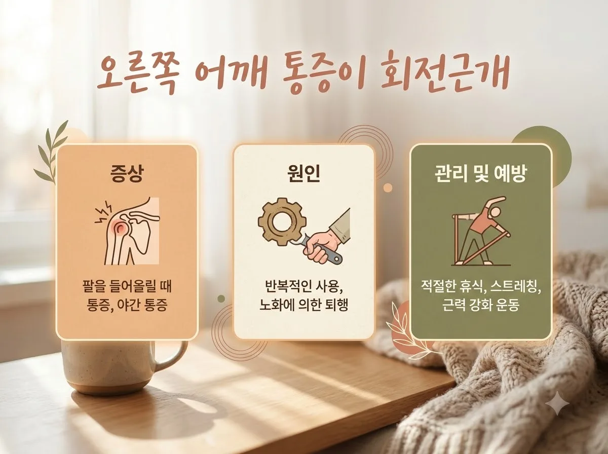 오른쪽 어깨 통증 회전근개 파열 자가진단, 오십견과 구별하는 3가지 방법 핵심을 요약한 대표 썸네일 이미지