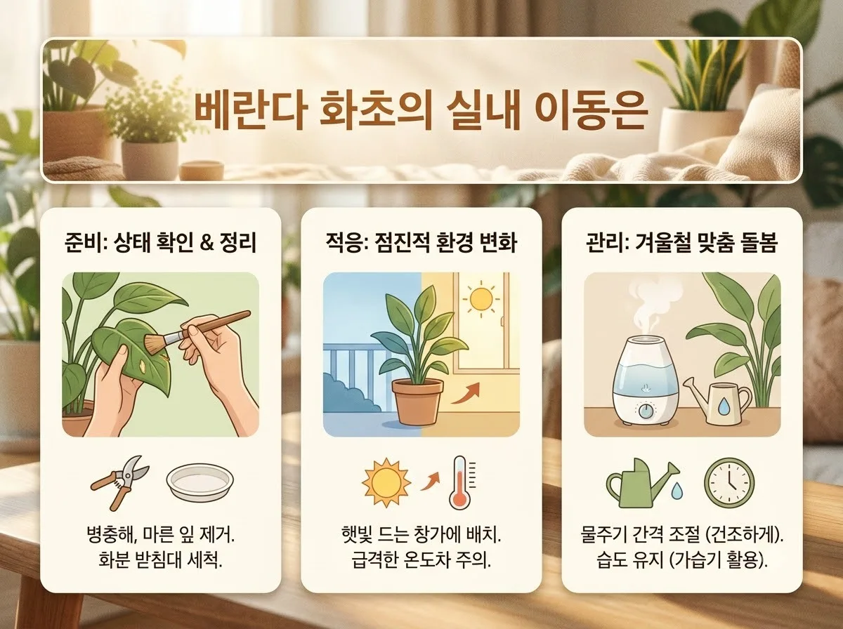 베란다 화초 월동 준비 실내 이동 시기 및 3단계 안전 이사법 핵심을 요약한 대표 썸네일 이미지