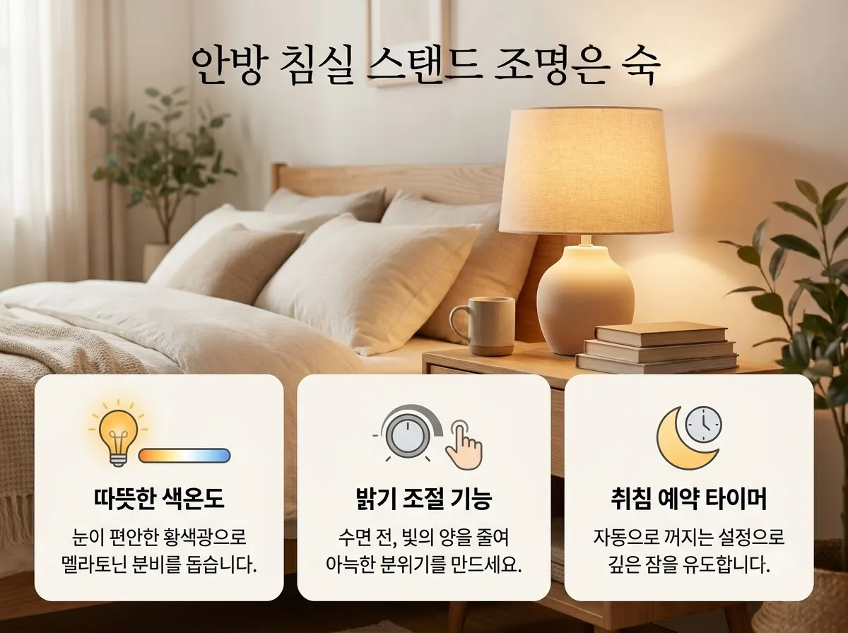 안방 침실 스탠드 조명 고르는 법, 아늑한 전구색 활용 팁 3가지 핵심을 요약한 대표 썸네일 이미지