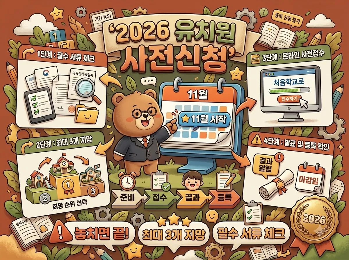 2026년 처음학교로 유치원 사전 신청 일정과 주의사항을 담은 인포그래픽 포스터로, 신청 단계와 필수 서류, 주요 일정을 귀여운 곰 캐릭터와 함께 일목요연하게 정리했습니다.