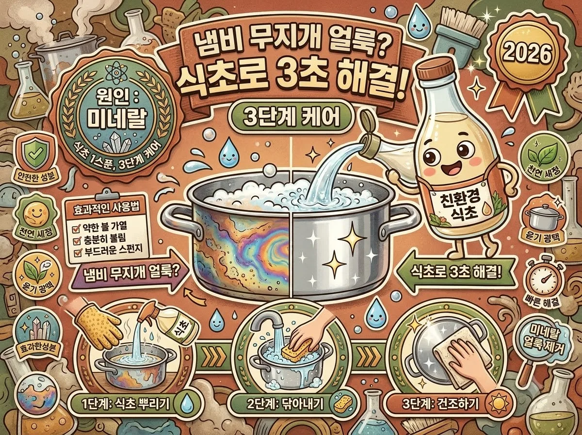 스테인리스 냄비의 무지개 얼룩을 식초로 쉽게 제거하는 방법을 담은 3D 인포그래픽 썸네일 이미지입니다.
