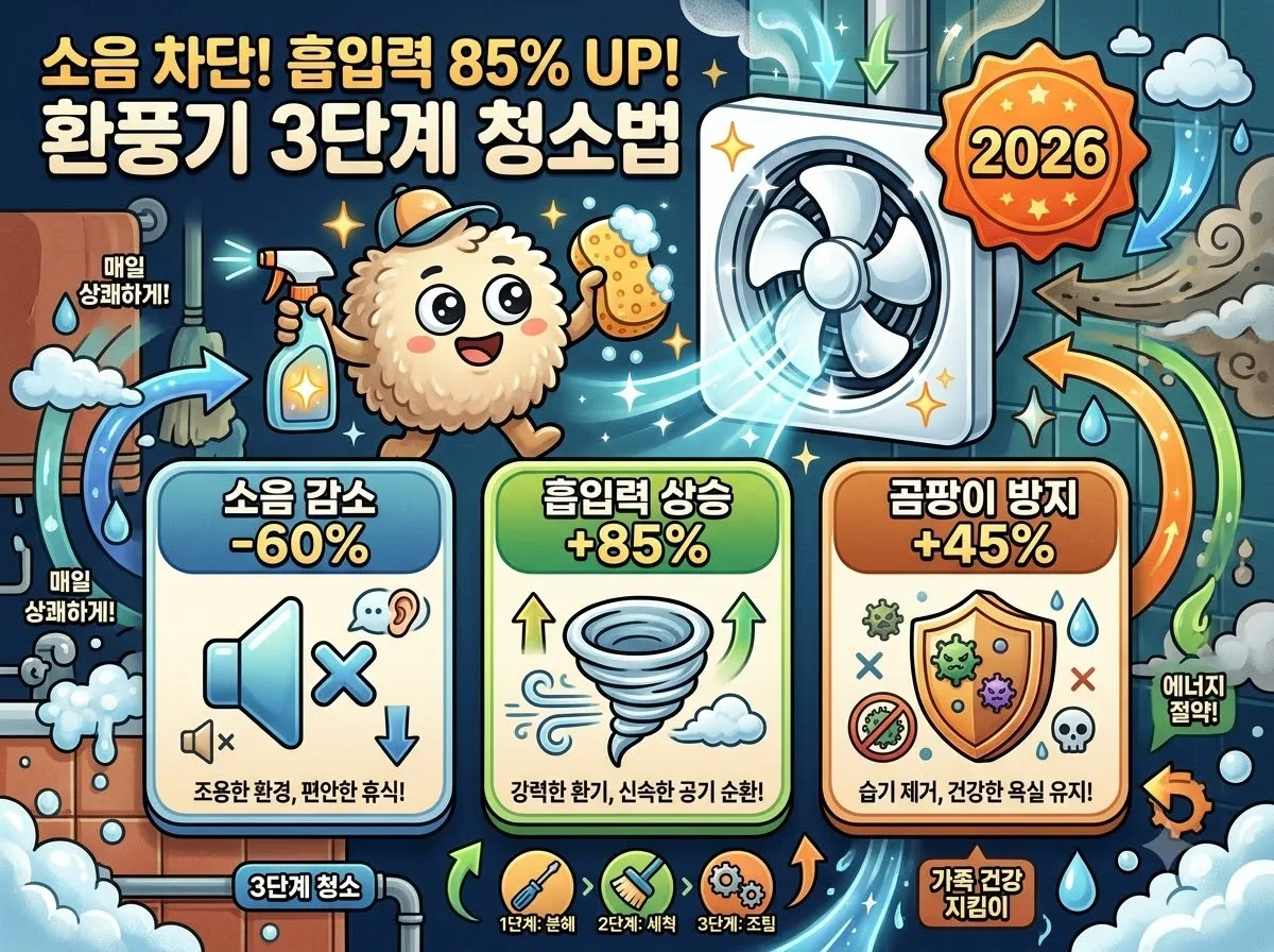 욕실 환풍기의 소음을 줄이고 흡입력을 85% 높이는 3단계 청소법과 효과를 직관적으로 정리한 3D 캐릭터 인포그래픽 썸네일 이미지.