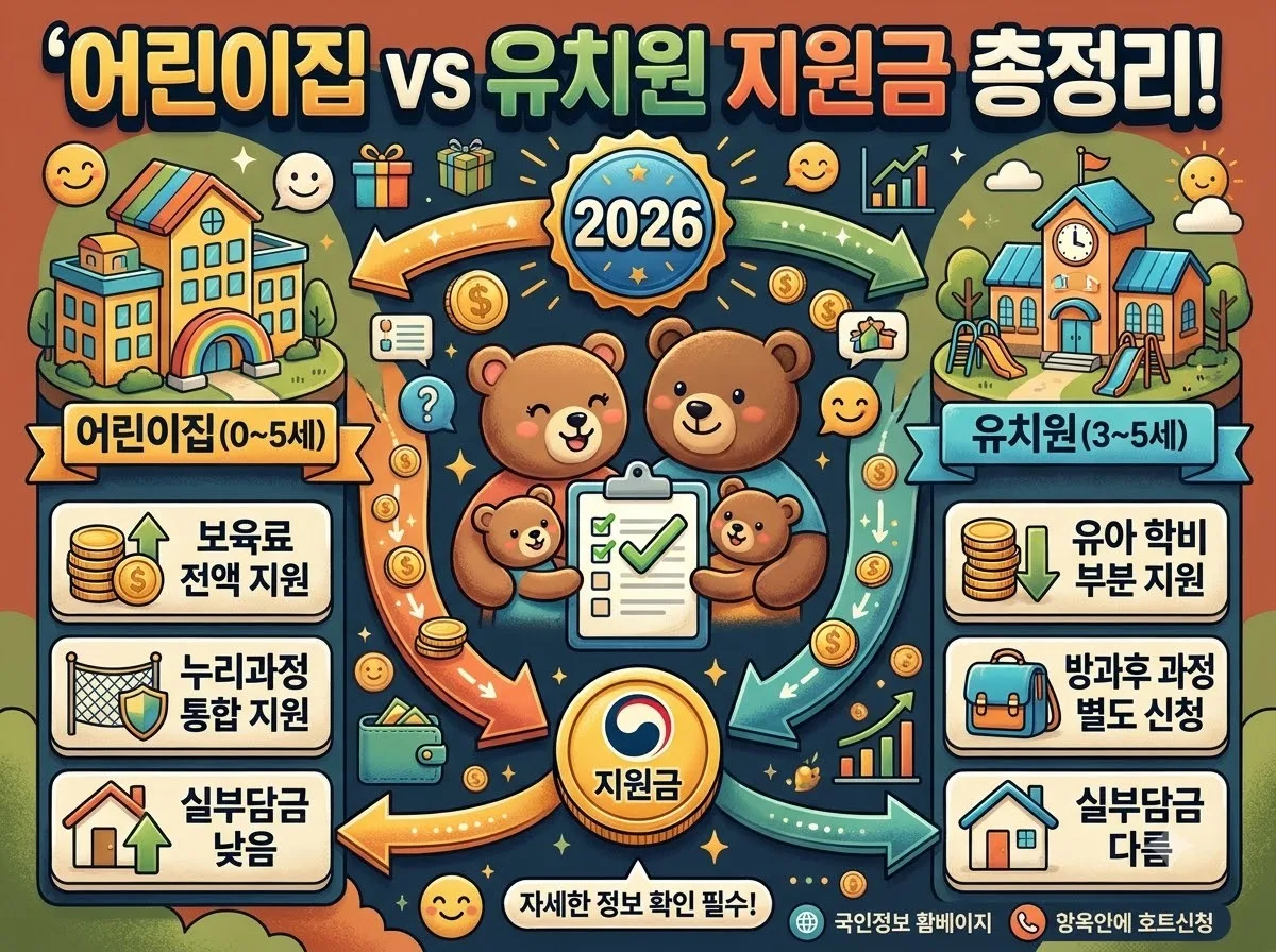 어린이집 보육료와 유치원 유아학비의 대상 연령, 관할 부처, 정부 지원금 전환 신청 단계를 직관적인 비교표와 귀여운 캐릭터로 시각화한 2026년 최신 정보성 인포그래픽 썸네일 이미지입니다.
