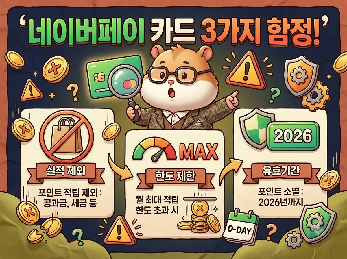 네이버페이 고효율 카드의 높은 적립률 뒤에 숨겨진 실적 제외 및 적립 한도 등의 3가지 함정을 분석하고 경고하는 귀여운 캐릭터 중심의 정보성 인포그래픽 썸네일 이미지