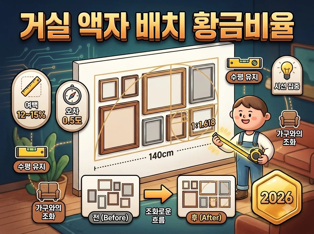 거실 미니멀 화이트 인테리어에 어울리는 액자 배치의 황금 비율과 140cm 시선선 기준을 3D 캐릭터와 함께 시각화한 정보성 썸네일 이미지입니다.