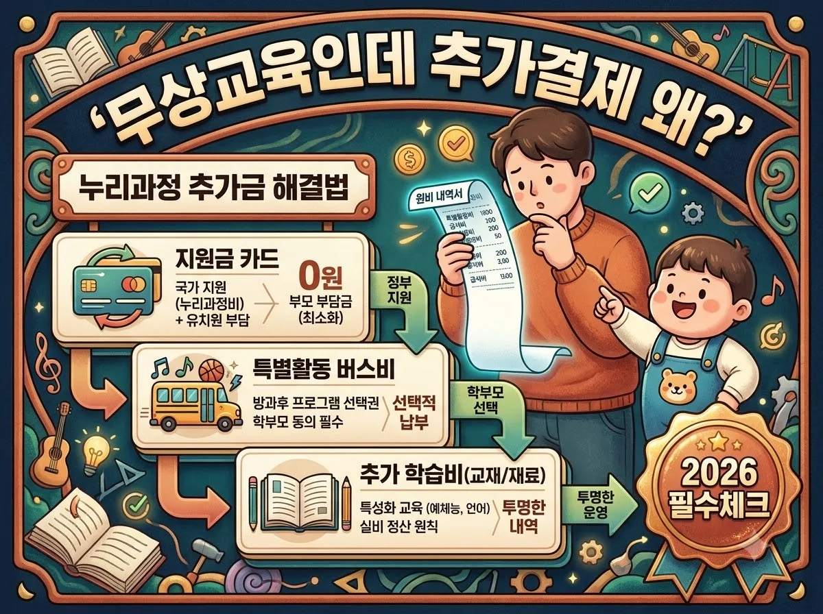 누리과정 무상교육 중 발생하는 추가 결제의 원인과 대처법을 한눈에 알기 쉽게 정리한 2026년 인포그래픽 포스터 썸네일