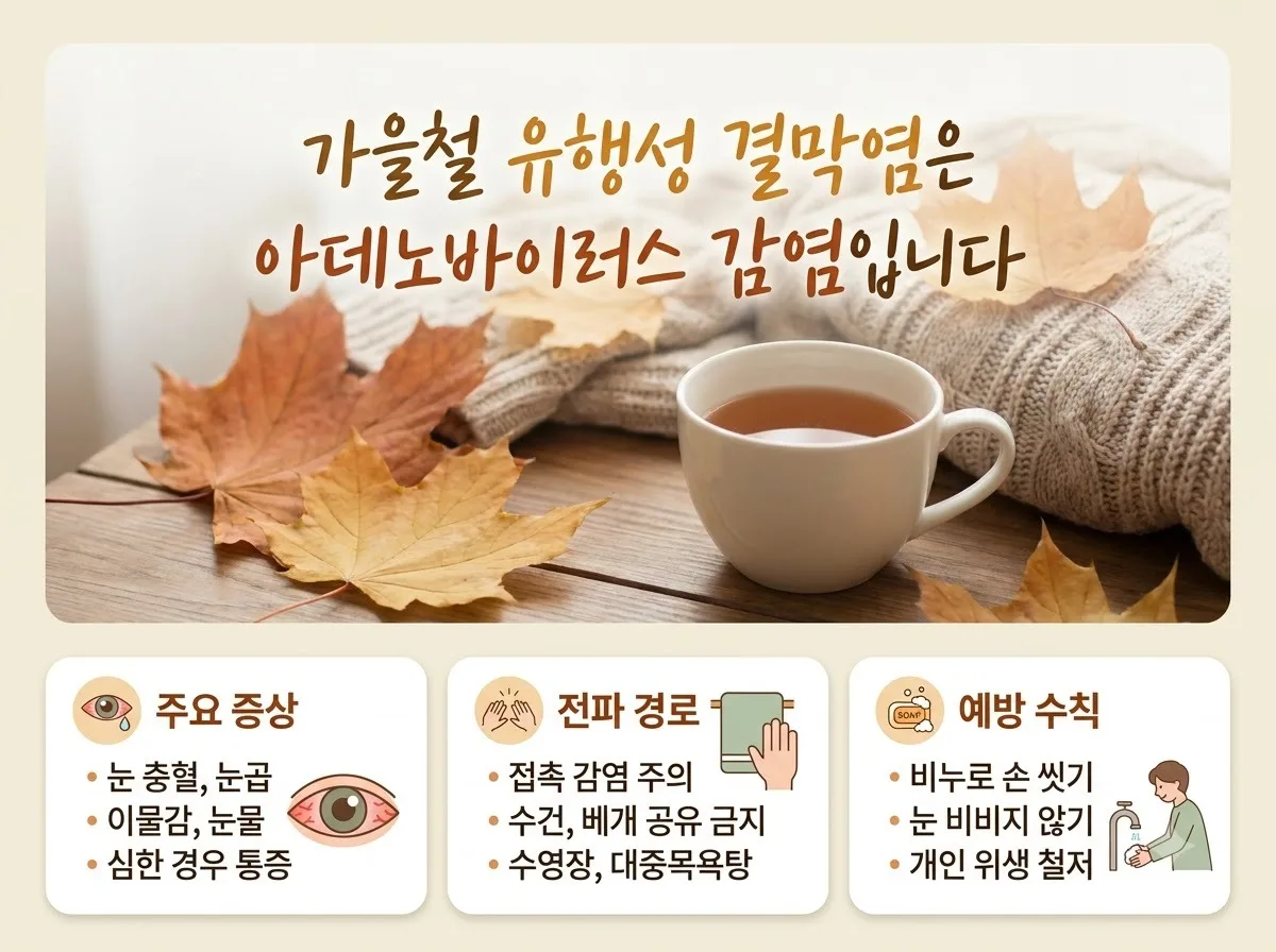 가을철 유행성 결막염 눈곱 증상과 예방법 핵심을 요약한 대표 썸네일 이미지