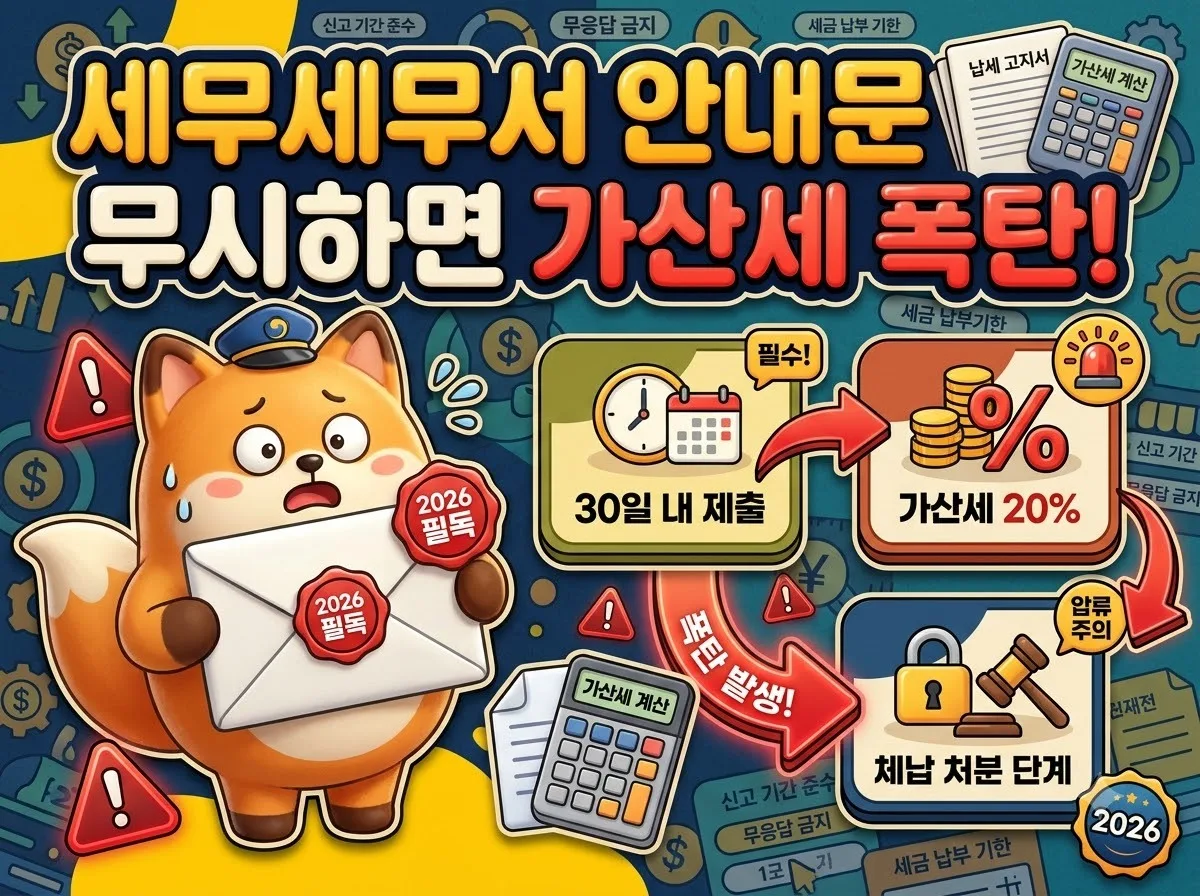 세무서 안내문 수령 시 미루면 안 되는 이유와 가산세 폭탄 및 체납처분 대응법을 설명하는 썸네일 이미지