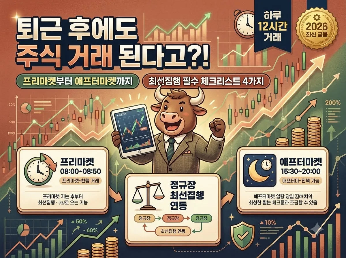 대체거래소의 프리마켓과 애프터마켓 운영 시간 및 투자자 체크리스트 핵심 정보를 한눈에 요약한 인포그래픽 포스터 이미지입니다.