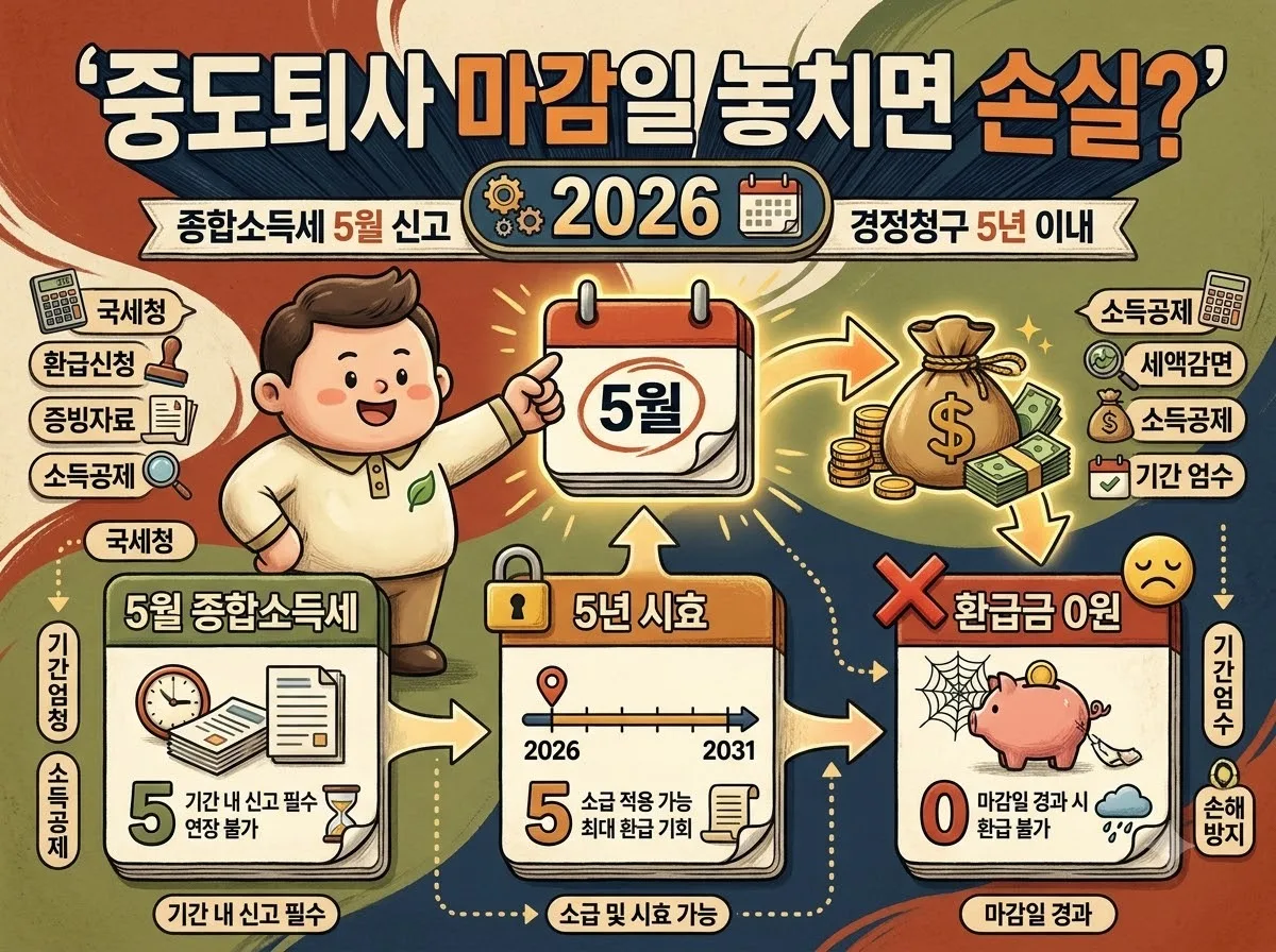 2026년 중도퇴사자 연말정산 마감일 누락 시 손실 금액과 종합소득세 신고 및 경정청구를 통한 환급금 수령 방법을 안내하는 인포그래픽 썸네일